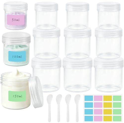 Ferenando 12 Pcs Petit Pots Vide Cosmétiques 150ml/100ml/50ml, Transparent | Cosmétique Pot en Plastique avec Couvercle, Spatule et Étiquette, Petits Pots de Creme pour Maquillage Échantillons Lotion
