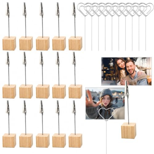 shttoca 25 Stück Fotohalter mit Klammern, Tischkartenhalter Set 15 x Holzsockel Fotoständer und 10 x Kartenhalter in Herzform, Memo Clip Halter, Zettelhalter, Kartenständer für Bilder Karten Notizen