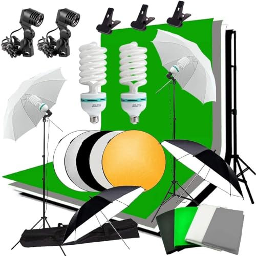 Kit Studio Photo et éclairage, Abeatstudio 2m x 3m Système de Support de Toile de Fond, 2X 135W Ampoule Parapluie Softbox éclairage Continu pour Portrait et Photographie Vidéo
