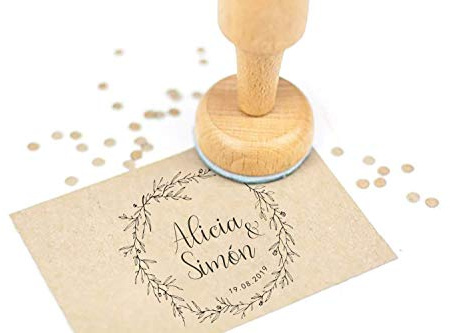 Stamp by Me | Sello Personalizado para Boda | 12 Diseños Exclusivos | Sello de Madera | Ideal para Sobres e Invitaciones de Boda | Con Tampón de Tinta | Nombres y Fecha | Corona de Flores Circular