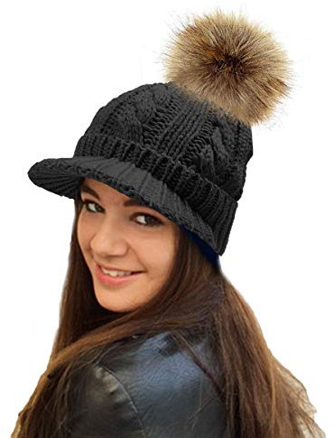 RockJock Damen warme Fleece gefüttert gestrickte Schirmmütze Baseballmütze mit abnehmbarem Kunstpelz pom mit oder ohne POM- tragen