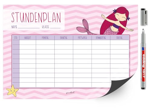 younikat Stundenplan abwischbar magnetisch Meerjungfrau - DIN A4 - dv613 | Wiederbeschreibbar, Digitaldruck, Whiteboard-Oberfläche, magnetischer Rückseite, zum Schulanfang, Einschulung, inkl. Stift