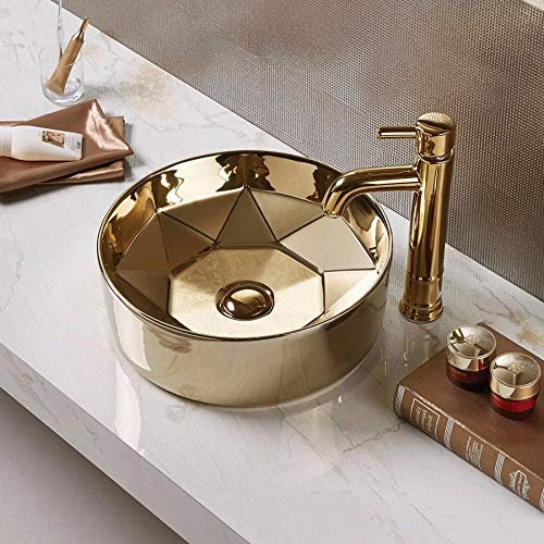 Lavabo de salle de bain designer vasque à poser en céramique Forme ronde couleur Dorée d'or retro Lavabo Meuble de Salle de Bain Monter Salle d'Eau Cabine de Toilette 41 x 41 x 15 cm