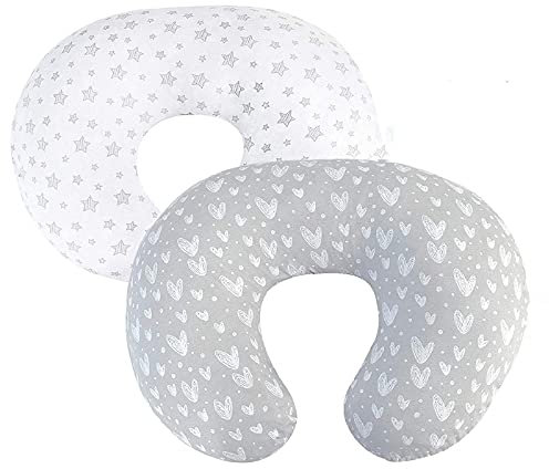 SH-RuiDu Stillkissenbezüge, 2 Stück Baumwolle U-förmige Stillkissenbezug Lernen Sit Kissen Abnehmbare waschbare Kissen Slipcover für Mütter Stillen Stillkissen (Weiße Sterne and graue Herzen)