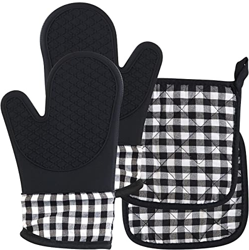 Rosenstein & Söhne Backofenhandschuhe: 4er-Set Silikon-Ofenhandschuhe und Topflappen, bis 240 °C, abwischbar (Topfhandschuh, Silikonofenhandschuhe, BBQ)