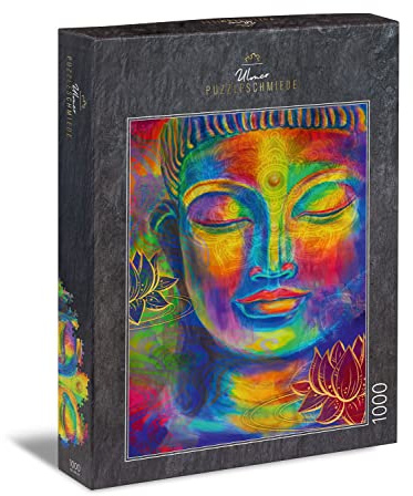 Ulmer Puzzleschmiede - Puzzle Farbenreicher Buddha - Klassisches 1000 Teile Puzzle - Farbenfroh angereicherter Kopf des Buddha als ästhetisches Puzzlemotiv - Made in Germany
