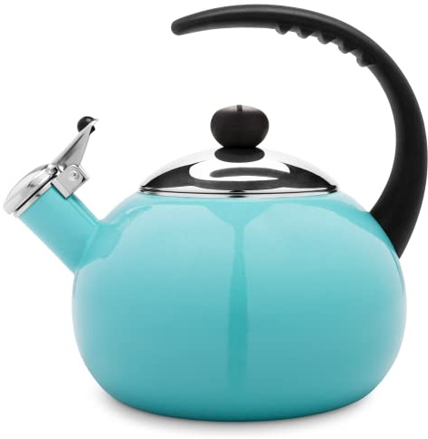 Farberware Luna Water Kettle, Whistling Tea Pot, Works For All Stovetops, Porcelain Enamel on Carbon Steel, BPA-Free, Rust-Proof, Stay Cool Handle, 2.5qt (10 Cups) Capacity (Aqua)