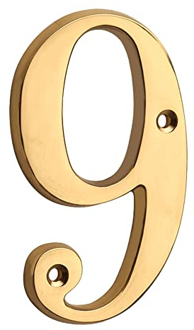 HASWARE, 10 cm (4 tum), mässing, modernt, böjd, husnummer, polerad mässingsfinish, stilfullt dörrnummer, skyltar, platta, gata, hem, adress, siffror (9, mässing)