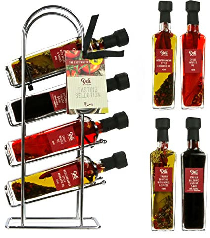 Kimm & Miller Luxury Olive Oil Food Gifts - Olive Oil Set with 4 Infused Oils & Balsamic Vinegar in Metal Rack - Italian Cooking & Chef Gifts for Women & Men