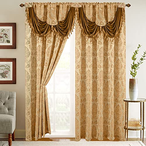 Elegant Comfort Set di 2 tende effetto jacquard con mantovana a cascata attaccata, 137 x 213 cm, oro/cammello