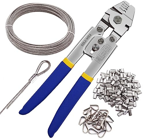 mankk Wire Rope Crimping Tool Kits Crimping Swaging Tool Cable Crimps Up to 2.2mm(2/32) with 160Pcs 1/16 Aluminum Crimping Loop Sleeves 66ft 304 Wire Rope and 1/16'' Stainless Steel Thimble M-110