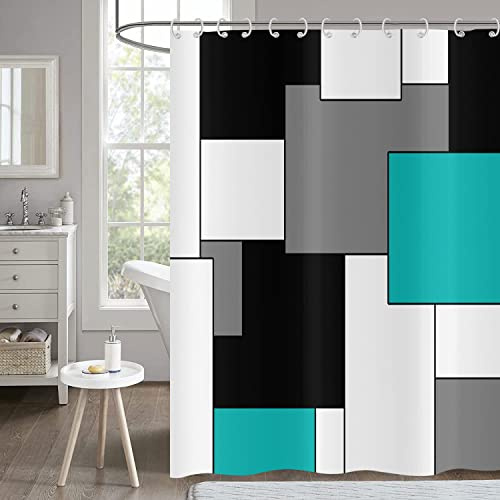 Hnmdmyi Duschvorhang Türkis 180x180, Grau Schwarz und Weiß Duschvorhänge Moderne Geometrische Dekorative Badewanne Vorhang Wasserdicht Polyester Stoff Waschbar Badevorhang für Badezimmer mit Haken