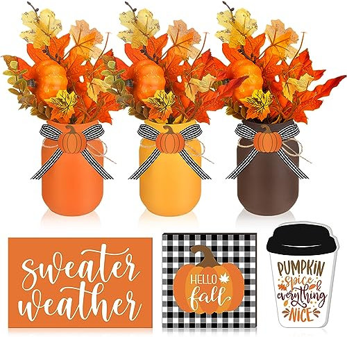 12 Pcs Fall Thanksgiving Mason Jar Table Centerpiece Thanksgiving Fall Tiered Tray Decor Floral Arrangement with Faux Maple Leaves Pumpkins Wood Sign Farmhouse Fall Decor for Home Wedding Kitchen