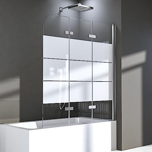 Duschwand für Badewanne 140 x 140 cm,3-teilig Faltbar Duschtrennwand Duschabtrennung mit Eleganten weißen Streifen,Mit 6mm Nano Glas,Silberner