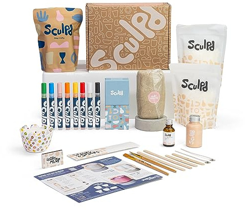 Sculpd Kerzenherstellung Töpfer-Set mit lufttrocknendem Ton und Acrylfarbstift, Anfänger-Kerzen-Starter-Kit für Erwachsene mit ungiftigem Öko-Sojawachs, duftendem Duftöl, Kerzenlack, Werkzeugen und