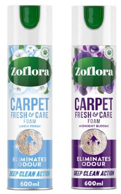 Zoflora Carpet Care Foam (2 x 600ml), Linen Fresh & Midnight Blooms, Odor Eliminator for Carpets & Upholstery, Deep Cleaner For Rugs, Deodorize with Long-Lasting Fragrance, Pack of 2