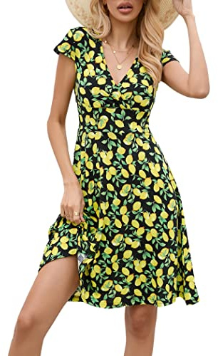 Zeagoo Vestido Floral para Mujer Elegante Vestido de Verano con Cuello en V Vestidos de Fiesta de Manga Corta y Corte Cruzado Limones XXL