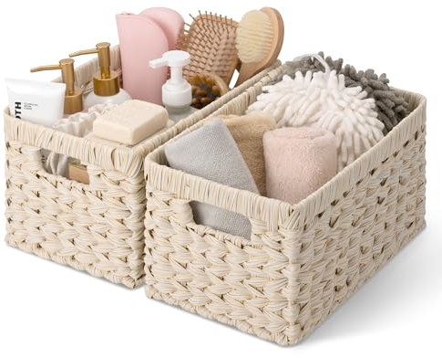 GRANNY SAYS Aufbewahrungskorb, 2er-Pack Körbe, großer Korb geflochten, Flechtkorb für Badezimmer, weiß Korb für Regal, wasserdicht Körbchen geflochten, Regalkörbe mit Griffen, schöner Baskets