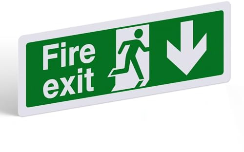 Fire Exit Sign Arrow Down - 1mm Rigid Plastic - Landscape - 300 x 100mm | Self-Adhesive Backing, UV-Resistant Matte Finish, BS EN ISO 7010:2012 & UK BS 5499 Compliant For Workplaces And Schools