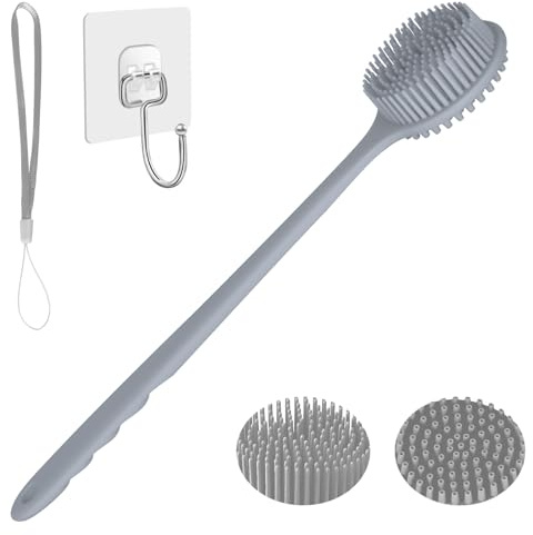 KXF Silicone Back Scrubber 37.5cm Long Handle Double-Sided Shower Body Brush Body Scrubber Bath Wash Brush with Soft Lathering Bristles and Stiff Massage Nodes Gentle Exfoliating Showering Exfoliator