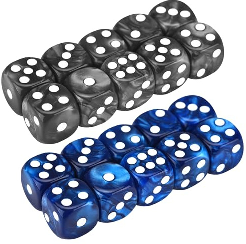 SHITOOMFE D6 DICE D6 DICE 20pcs 16mm Perlmuster 6-Seiten-Würfel-Set-Acryl-Runde Eck Würfelspiele mit 1-6 lustigen Spielen für Partyversorgungen Schwarz und Blau