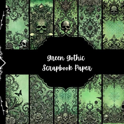 Green Gothic Scrapbook Paper, Halloween Junk Journal Paper, Spooky Decorative Paper, DIY Projects, Origami Paper, Collage Sheets, Decoupage Paper, 8,5 by 8,5 inhces, 10 Designs, Double Sided