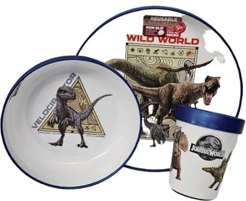Set di stoviglie riutilizzabile per bambini bicolore – Set composto da 3 pezzi: Piatto, ciotola e bicchiere per bambini e bebé con base antiscivolo – Senza BPA (per JURASSIC WORLD)