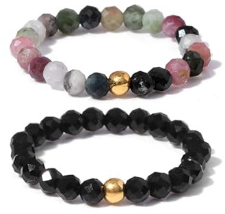 GoPaw Naturstein Ring Damen, 2 Stück Naturstein Perlen Rings, Verstellbarer Boho Ring Perle Stein Edelstein Perle Stapelbar Rings für Damen Mädchen