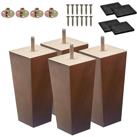REGAL DISPLAY 4 Inch/10cm Solid Wooden Furniture Legs - Set of 4 Mid-Century Modern Square Replacement Feet for Sofa, Couch, Bed & Cabinet with M8 Bolts (Brown)