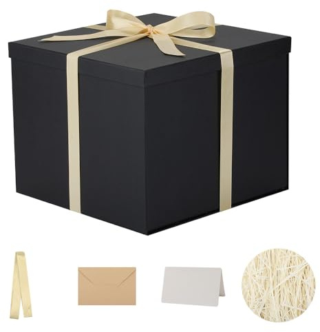 Große Geschenkbox mit Deckel, 32,5 x 32,5 x 25,4 cm, schwarze Geschenkboxen für Geschenke, Verpackungen für Geburtstage, Valentinstag, Weihnachten, Jubiläen (inklusive geschredderter Papierfüllung