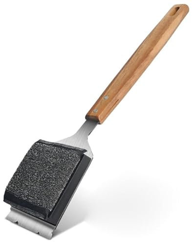Spazzola per griglia in ghisa con raschietto in acciaio inox, spazzola per barbecue con 1 testina di ricambio e manico lungo in legno, ottimo accessorio per barbecue a gas, griglia a carbonella