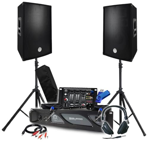 Pack Sono BM Bmsonic Ampli 2000 W, par de altavoces pasivos 2 x 700 W, mesa de mezcla, pies, auriculares DJ, cables y micro+llave 32 G