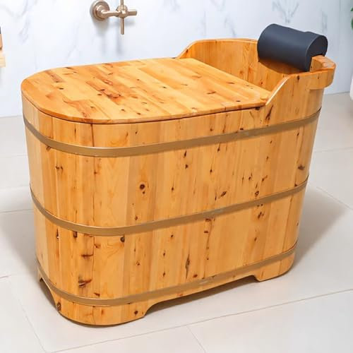 PA-DABAOO Compact Free Standing Wooden Bathtub with Insulation Lid, Cedar Solid Wood Bathtub, Small Bathroom Wooden Bath tub, with Headrest And Inner Stool, Suitable for Home Spa,1.2M/3.9ft