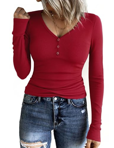 Aottori Camiseta Manga Larga Mujer Cuello en V Camisetas Elegante Punto Acanalado Blusas con Botones Ajustado Elástico Básico Túnica Top Rojo M