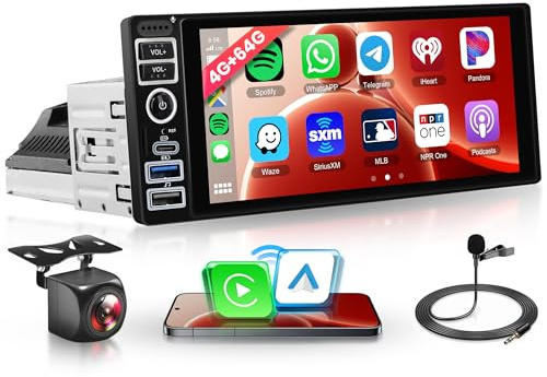 4G+64G sans Fil Carplay Android Autoradio 1 Din avec sans Fil Android Auto GPS Navi WiFi 6.9 Pouces Écran Tactile Autoradio avec Mirror Link Bluetooth FM/RDS Radio EQ/USB/Type C/SWC Caméra de Recul