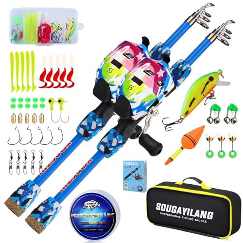 YONGZHI Kids Fishing Rod and Reel Combo,Light Weight Fishing Pole with Casting Reel Tackle Bag Lures for Youth,Girls and Boys Good Starter Fishing Kit Casting 2 Packs