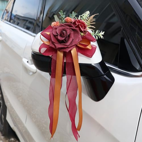 Xiyocadt 2 Stück Hochzeit Autoschmuck, Simulation Blume Schleife, Hochzeitsschleifen fürs Auto, Car Türgriffleiste Rückspiegel Dekoration, für Kirche,Hochzeiten und Feste (Rot)