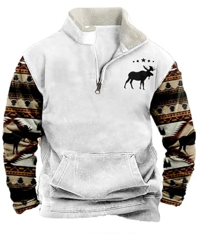Generisch Men's Fleece Troyer with Ethnic Pattern Sleeves - Rustic Pullover with Zip and Elk Motif, Warm Outdoor Sweater for Autumn and Winter, Style_q01 White, XXL
