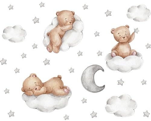Wandsticker Teddybär auf Wolke in Sanften, Wandtattoo Babyzimmer Junge Mädchen, Farben Kinderzimmer Wanddeko mit Sternen Mond Spruch Selbstklebende Baby Deko Zimmer Sticker, PVC Wandaufkleber
