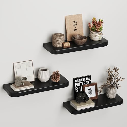 hi-home Wandregal 3er Set aus Holz – Schweberegale Industrial mit Unsichtbarer Halterung, Rustikales Holzregal für Wohnzimmer, Schlafzimmer, Küche, Platzsparendes Wandboard für Bücher, Deko, Schwarz