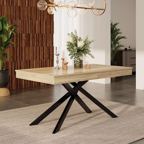 Lahoomu Ausziehbarer Esstisch, 140/180 * 80 cm, für 6-8 Personen, Verdickte Tischplatte, Metallbeine, Tisch für Esszimmer, Küche, Wohnzimmer, Eichenfarbe