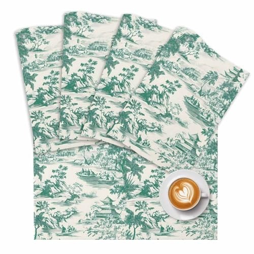 Table Placemats Set of 6 Chinoiserie Green Garden Scenery Washable Place Mats Pagoda Pavilion Hill Plant Boat Non-Slip Insulation Table Mats for Kitchen Dining Party Decoration,13x19 Inch