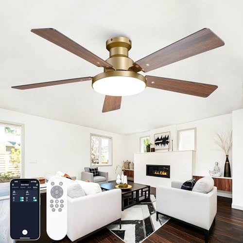 Vaczon 52 Inch Low Profile Gold Ceiling Fan with Lights, Modern Black and Gold Ceiling Fans with Remote/APP for Indoor Bedroom, Flush Mount, 12.2'' Large 3CCT LED Light Panel, 6-Speed Quiet DC Motor