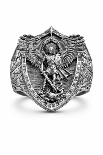 ST. Erkeängel Michael ring i 925 sterling silver för män, solid sigillring med skyddsängelmotiv, spirituell herrring symbol för styrka, skydd och tro