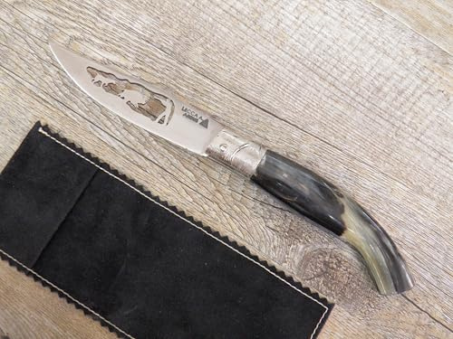Generico Coltello artigianale 22 cm Arburesa Scena Caccia Al Cinghiale intagliata sulla lama con manico in montone