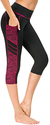 Flatik Legging de Sport pour Femme avec Poches - Opaque, Pantalon de Yoga, Fitness, Entraînement - Legging de Course 3/4 Capri - Noir Rouge - Taille S