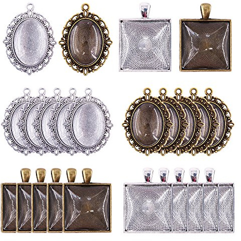 Glarks 48-teiliges Schmuckherstellungs-Set: Ovale & quadratische Anhängertabletts mit Glas-Cabochon-Kuppelfliesen, klare Kamee, Glas, Silber & Bronze