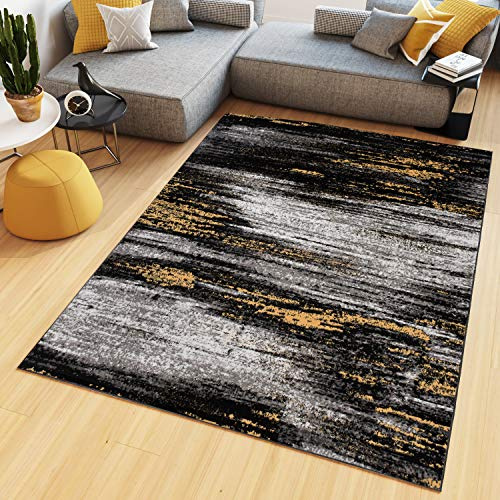 TAPISO Maya Teppich Kurzflor Schwarz Grau Gelb Weiß Verwischt 80 x 150 cm | Modern Meliert Streifen Design Wohnzimmer Schlafzimmer oeko-tex
