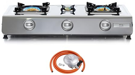 NJ NGB-300 Portable Gas Stove 3 Burner 70cm Durable Cooktop Camping Outdoor 8kW LPG Regulator Set (Butane 28mbar Clip-on 21mm)