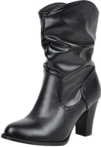 Jamron Donna Elegante Tacco a Blocco Senza Allacciatura Stivali al Polpaccio Increspati Lanuginoso Stivali Pendenti Nero SN02816 EU40